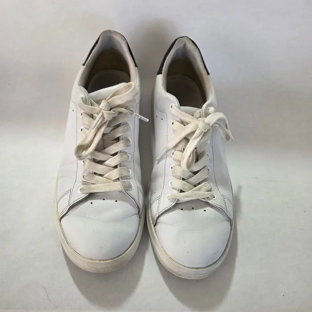 Tory Burch Howell Court Low Top Leather Sneakers Titanium White Black Sz 8